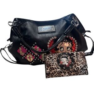Betty Boop Black and Pink Shoulder Bag with Leopard Print Wallet